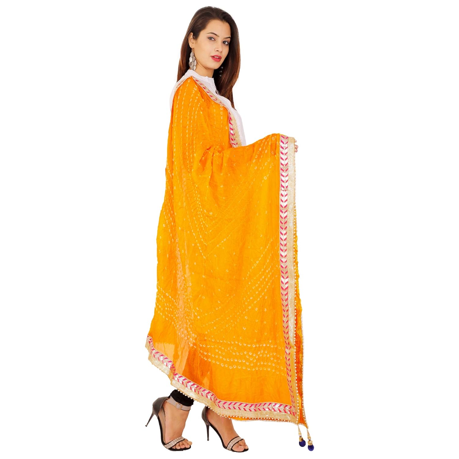 dee desi women's bandhej gota embroidered art silk dupatta yellow