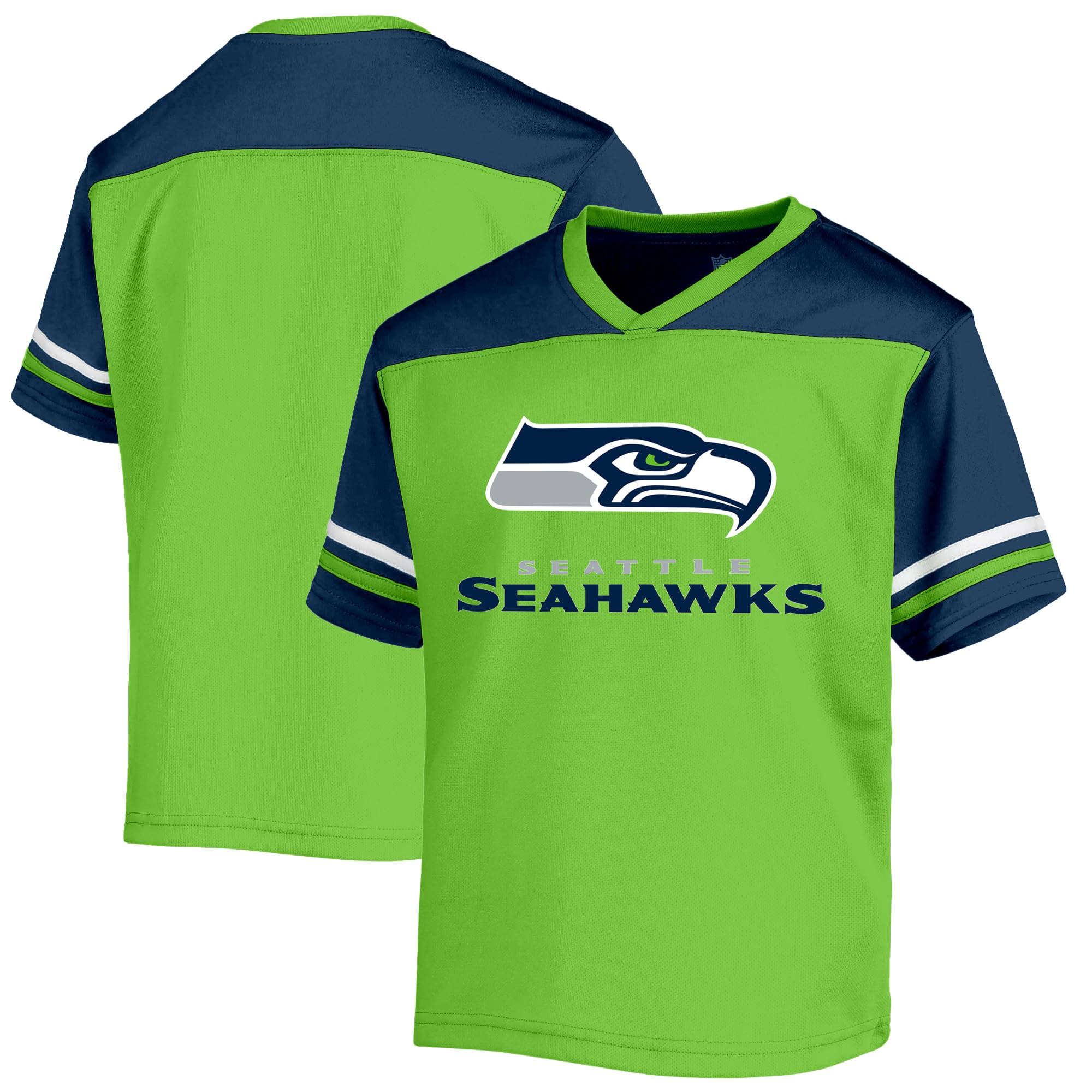 Photo 1 of NFL Kids Youth 8-20 Officially Licensed Team Color V-Neck Wordmark Performance Primary Logo Jersey T-Shirt (Seattle Seahawks Green, 18-20)