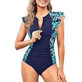 Tempt Me One Piece Swimsuits for Women Zip Front Rash Guard Short Sleeve Tummy Control Surfing Sport Bathing Suits