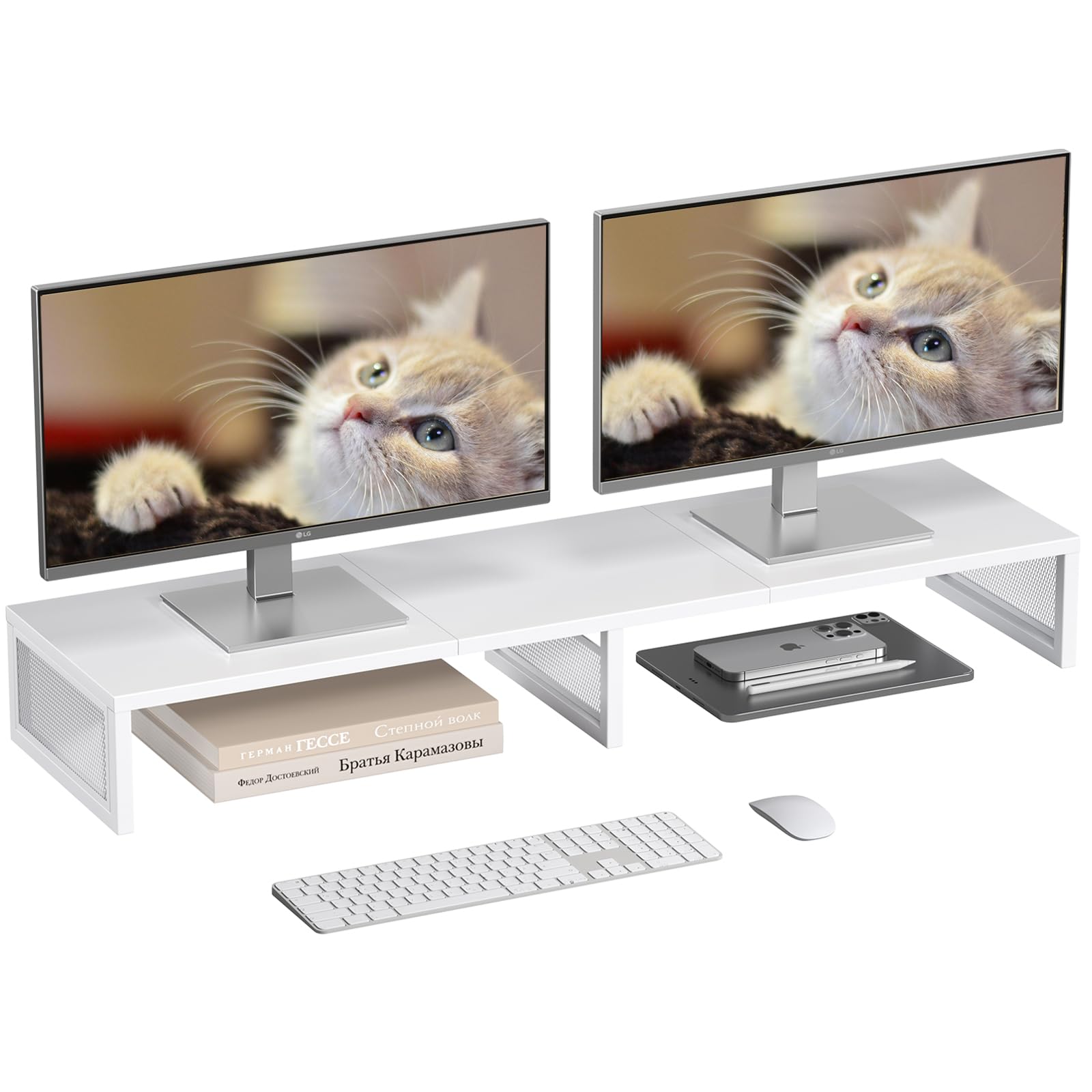 Photo 1 of Gugsey Dual Computer Monitor Stand Riser, Desk Organizers and Accessories, Printer & TV Stand, Desk Shelf, Office Desk Accessories & Desktop Workspace Organizer for Office Supplies, White