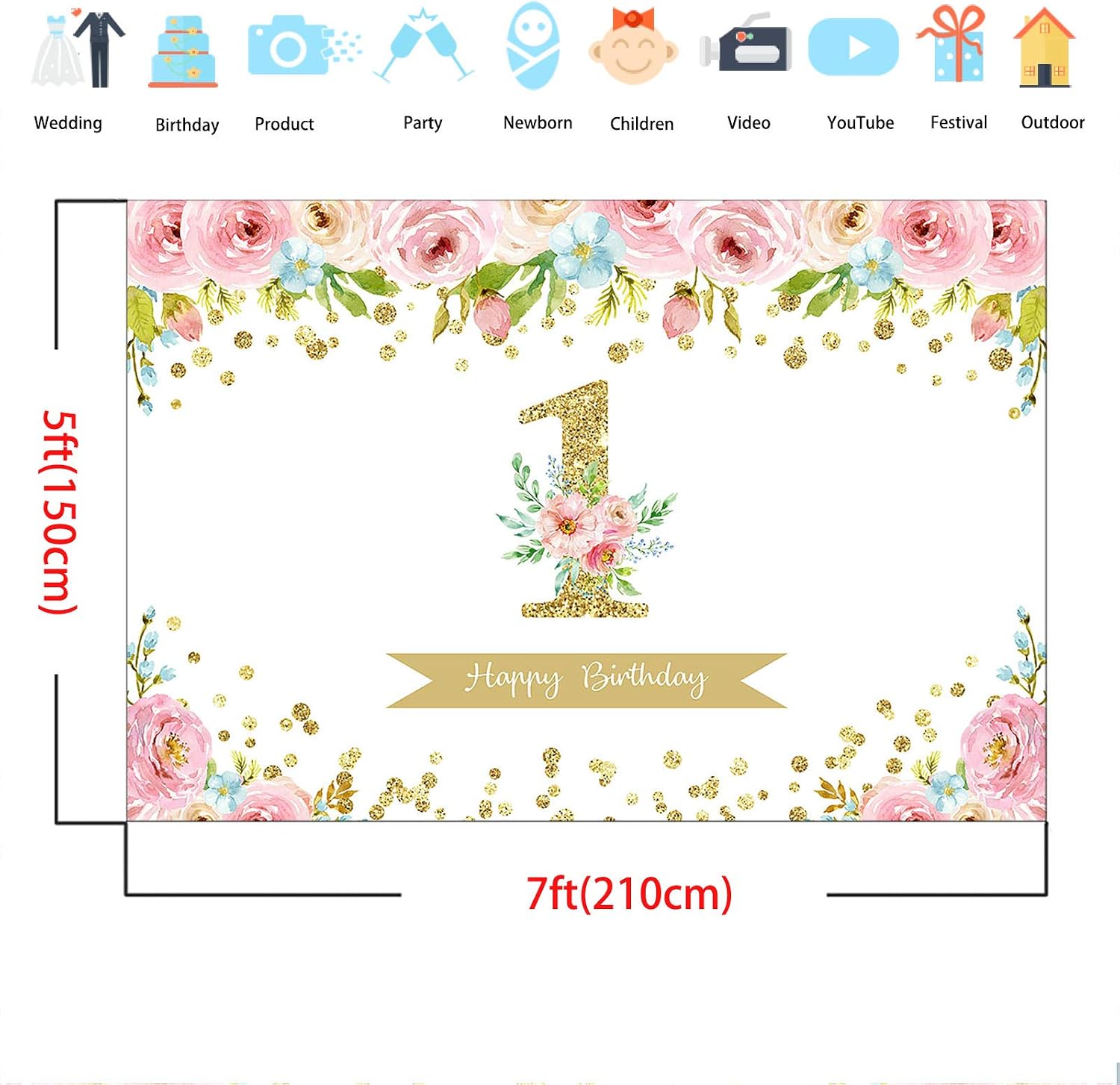 Avezano 1st Birthday Floral Backdrop Watercolor Flower Birthday Photography Backdrop Glitter Dots Pink Floral Background for Girls' Birthday Party (7x5ft) - Image 4