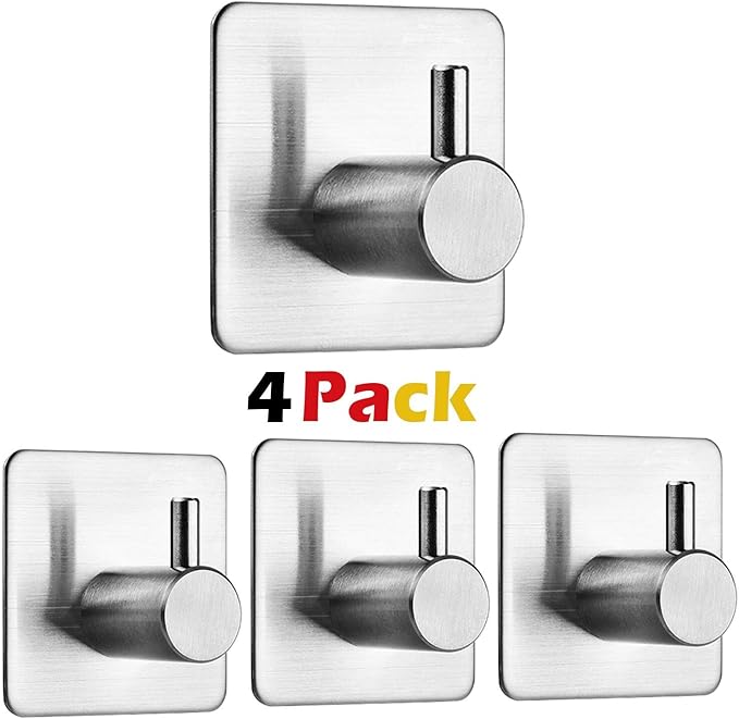 Auxmir Self Adhesive Hooks 4 Pack, Stainless Steel Adhesive Door Hooks
