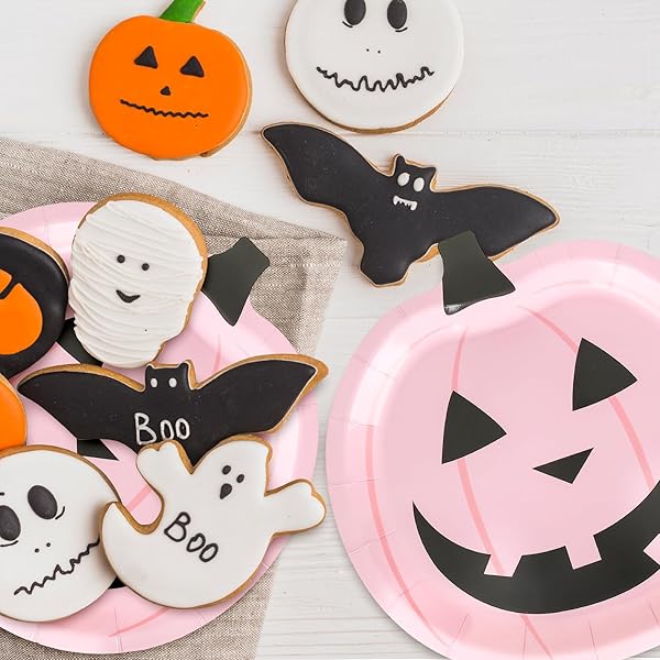 JARTHENAAMCS 40PCS HALLOWEEN PAPER PLATES PINK PUMPKIN FACE DISPOSABLE PLATES 9 INCH CUTE CARTOON PUMPKIN DECORATIVE PLATES FOR HALLOWEEN BIRTHDAY BABY SHOWER TABLE DECOR PARTY SUPPLIES