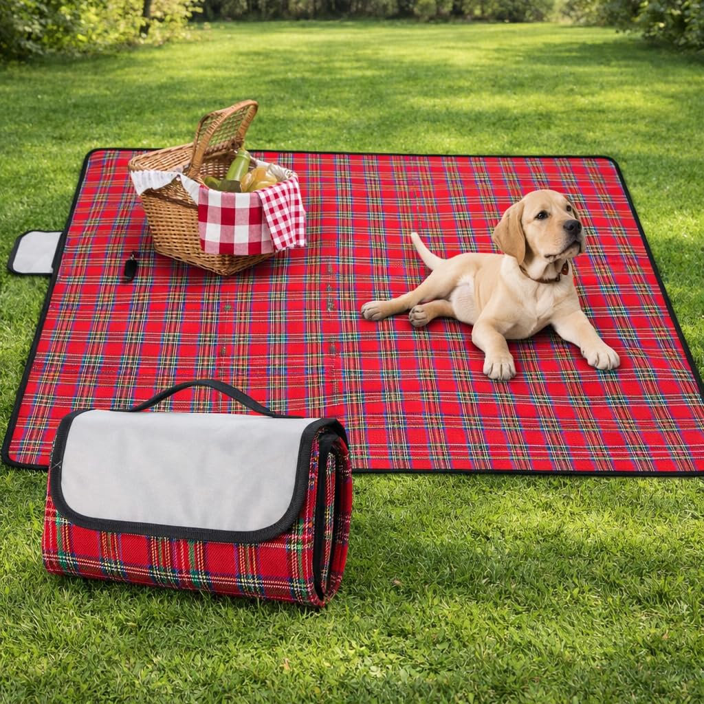 Garden Mile Waterproof Picnic Blanket 150 x 115cm – Red Tartan Foldable Picnic Mat with Carry Handle – Sandproof Outdoor Beach Rug for Camping, Garden, Travel & Festivals