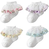 Meeshine 4 Pack Toddler Baby Girls Ruffle Lace Socks Flowers Eyelet Cotton Frilly Ankle Dress Princess Socks for 0-4T Kids