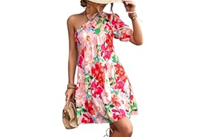 Ruoyee 3439 Women One Shoulder Sleeveless Casual Summer Dresses 2023 Diagonal Stripe High Waist Floral Flowy Beach Boho Dress