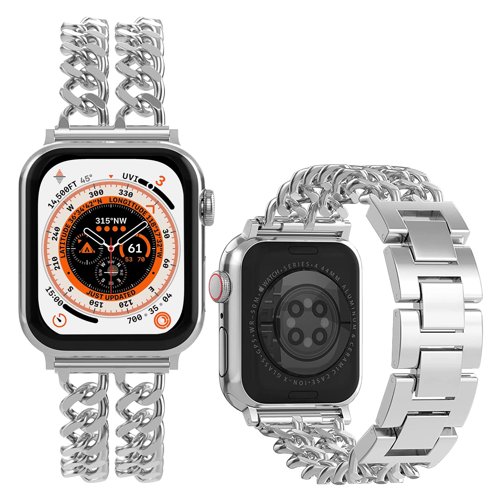 Miimall for Apple Watch Ultra 2/Series 9 Strap, Metal Strap for iWatch 38/40/41/mm 42/44/45/49mm, Adjustable Metal Chain Bracelet, Alloy Band for iWatch Ultra SE Series 9 8 7 6 5 4 3 2 1-Silver