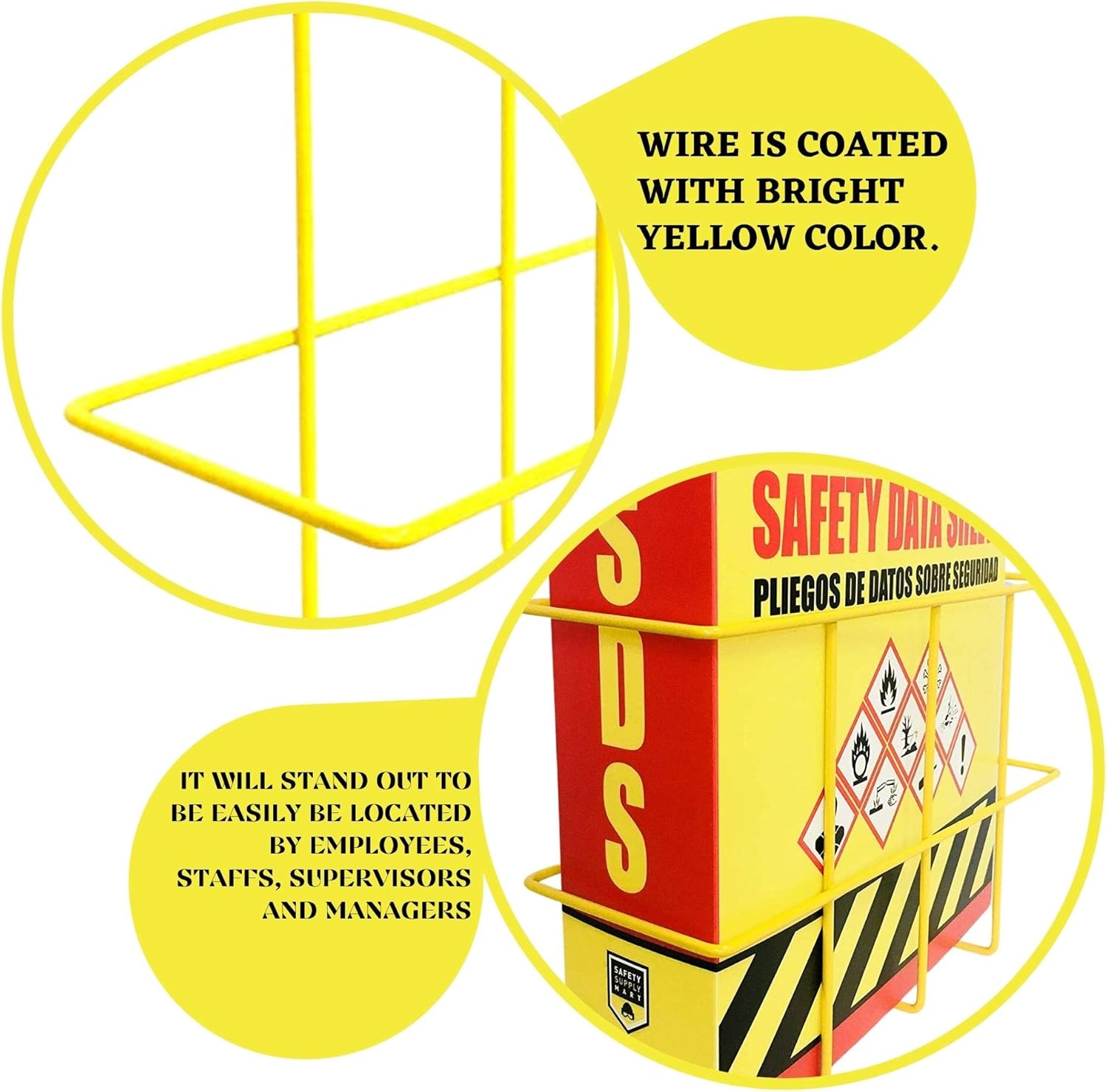 Binder Display Rack, SDS/MSDS Display Rack, Wire Wall Mount Rack, MSDS and SDS Station Sign, Mounting Hardware Included, Wire Coated with Bright Yellow PVC : Office Products