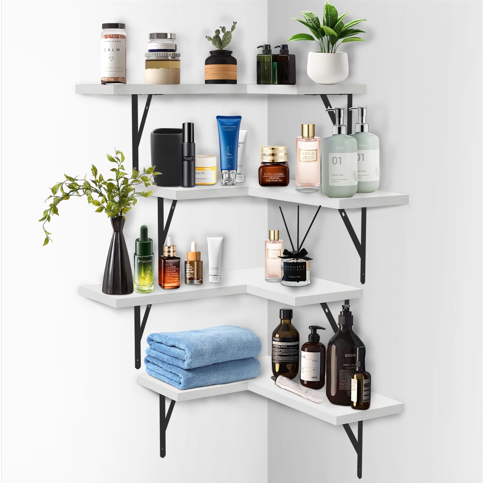 Wlicon Floating Corner Wall Shelves Set of 4, White Corner Shelves Wall Mounted Set Modern Rustic Style, Wall Mounted Display Shelves Wood for Bedroom, Living Room, Bathroom, Kitchen Decor (White)