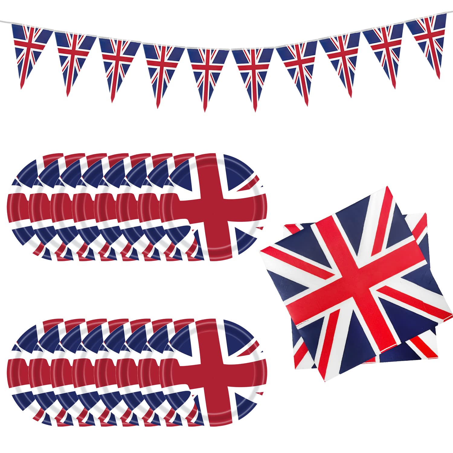 25 Pcs Union Jack Party Supplies Set, Union Jack Themed Paper Plate, Fabric and Flag Pull Out, Queens Platinum Jubilee Party Supplies 2022