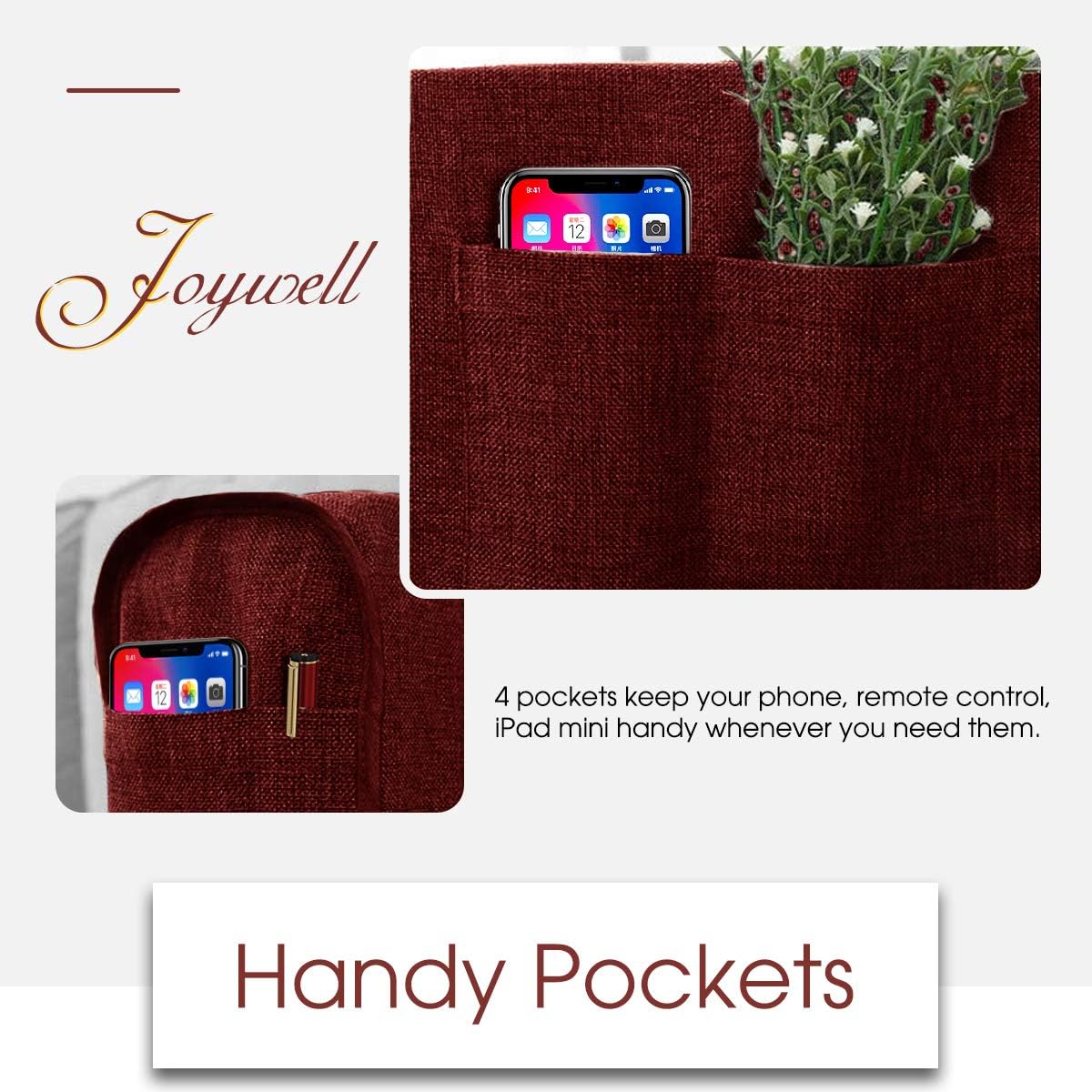 Joywell Linen Armrest Covers for Living Room Anti-Slip Sofa Arm Protector for Dogs, Cats, Pets Armchair Slipcover for Recliner with 4 Pockets for TV Remote Control, Phone, Set of 1, Burgundy: Kitchen & Dining