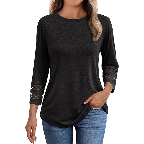 Kancystore 3/4 Sleeve Shirts for Women Black Casual Loose Fitting