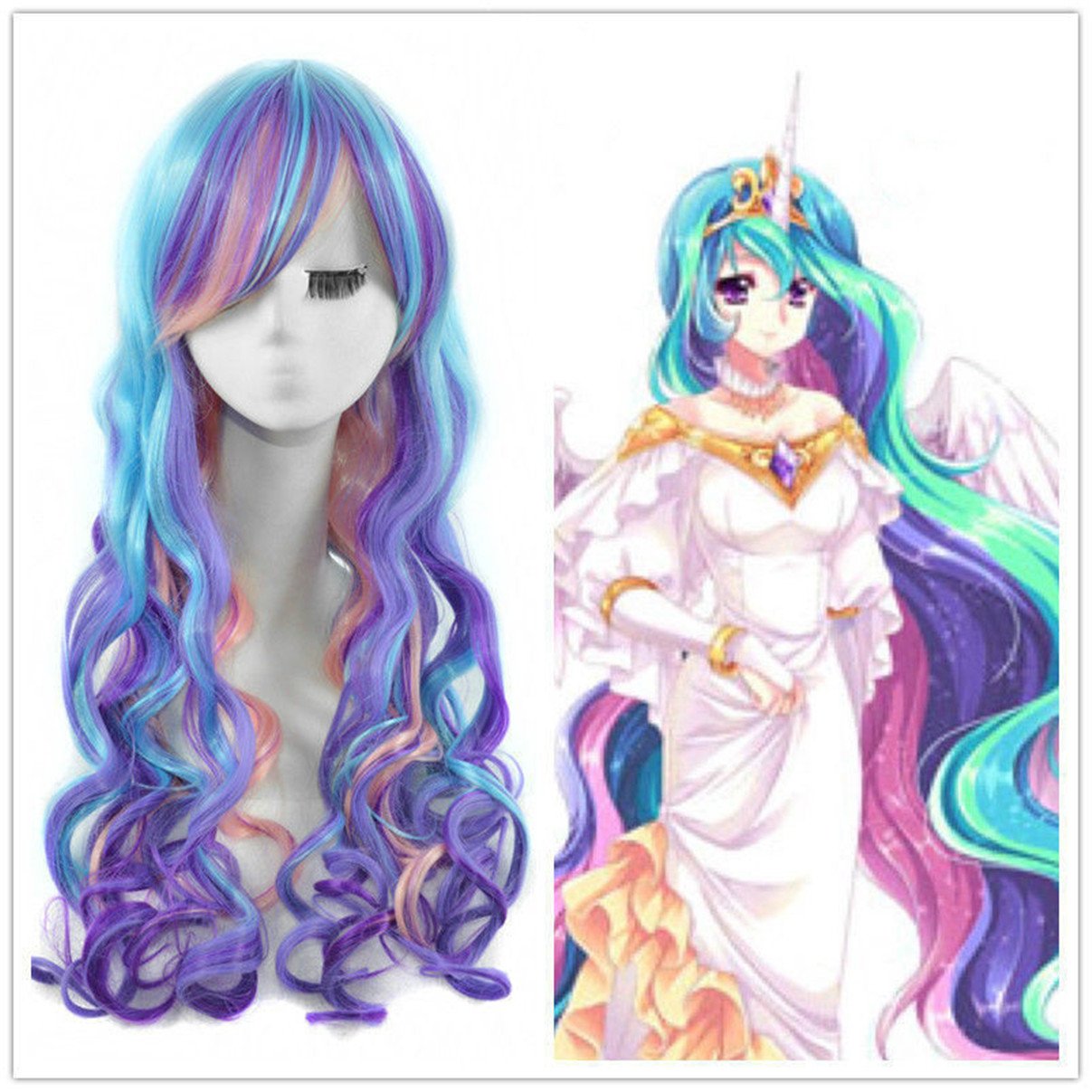 Amazon Com Women Costume Long Curly Rainbow Blonde Lolita Unicorn