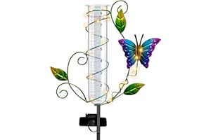 BUARO8AGA Butterfly Rain Gauge Outdoor - Wireless Solar Rain Gauges with 8" Capacity Glass Replacement Tube Best Rated Metal Decorative Garden Stakes with LED Lights for Yard Lawn Patio Art Decor