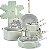 Chef Power Ceramic Cookware Sets, 15Pcs Pots and Pans Set Non Stick, Cookware Set with Stainless Steel Handle, Dishwasher & Oven Safe, Sage Green and Granite Grey