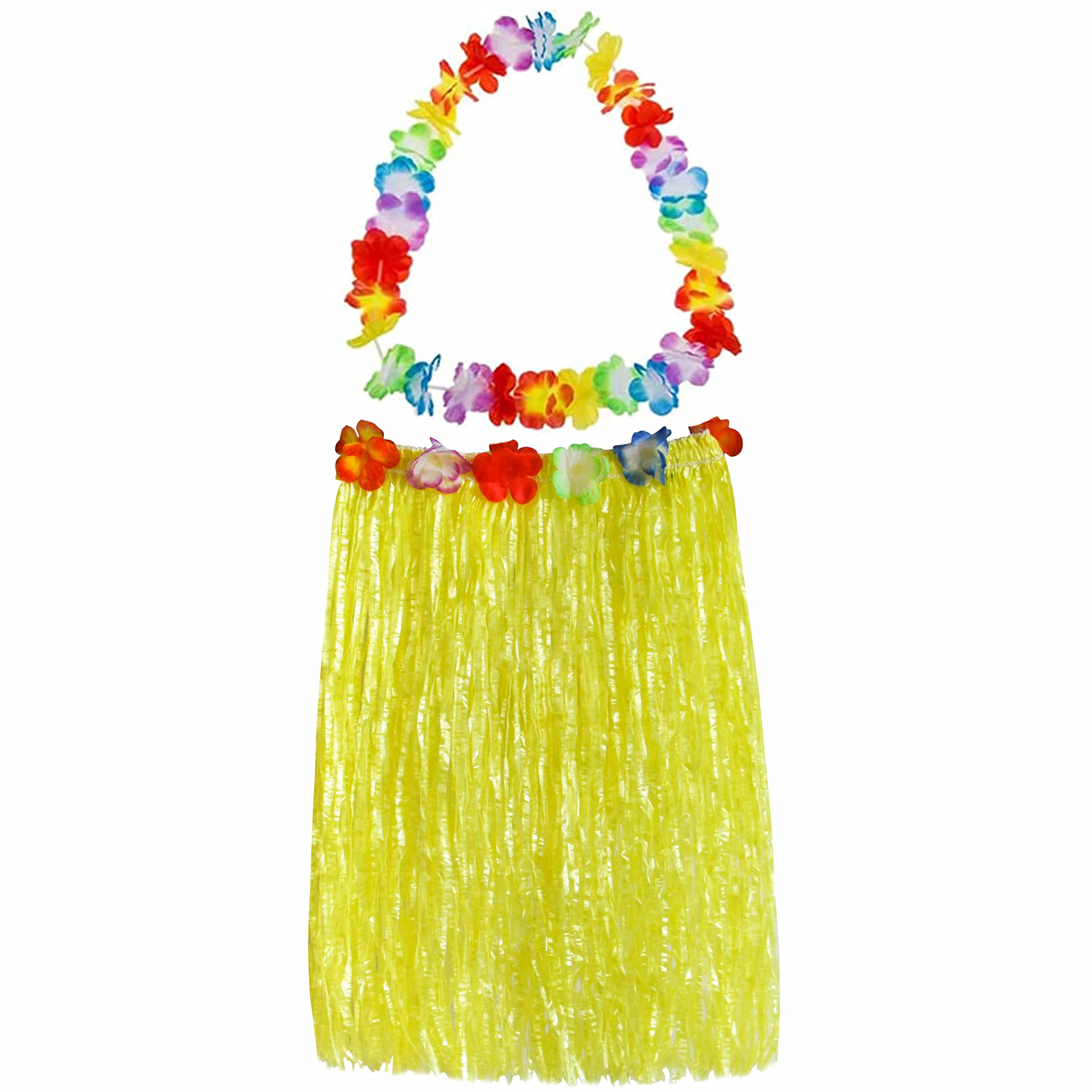 60CM Hula Skirt Costume Hawaiian Leis Dancer Dress Set with Flower, Hawaiian Lei, Fancy Dress Hula Necklace for Adults Fancy Dress Supplies Party Summer Beach Tropical Party - Yellow