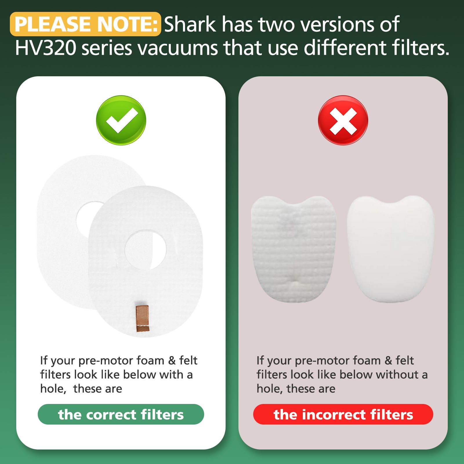 2 Pack Filter Replacement for Shark Rocket Vacuum HV300 HV301 HV300W HV302 HV305 HV310 UV450 Foam & Felt Filter Kit