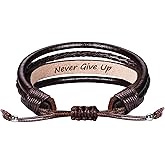 Btysun Valentines Day Gifts for Him, Mens Leather Bracelet Easter Basket Stuffers for Teens Boyfriend Son Adjustable Brown Mens Jewelry with Inspirational Message