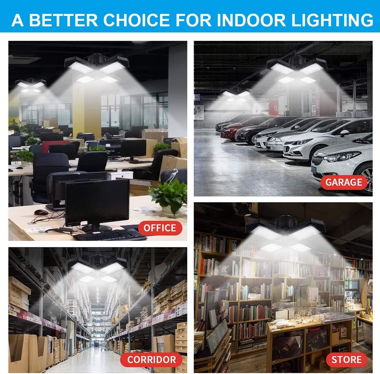 LED Garage Lights, 2 Pack 60W E26 Screw in 6000LM Deformable Led Garage Lights 6500K, 110V LED Basement Lights Tribright Led Adjustable Light Full Area for Garage Warehouse Workshop Shop (2-Pack) - - 