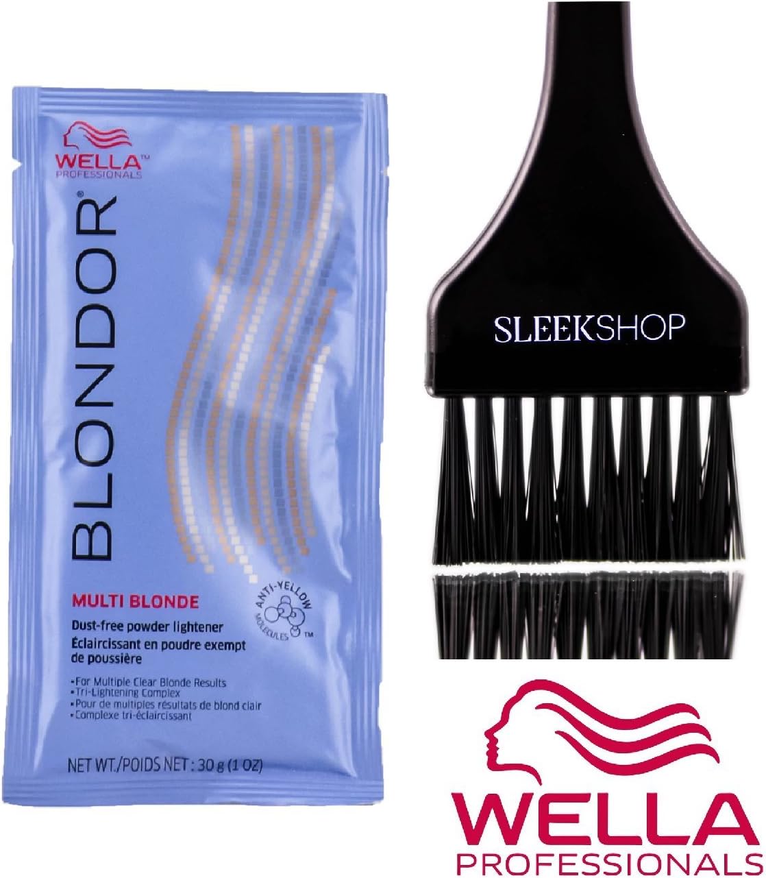 Wella BLONDOR MULTI BLONDE Dust-Free POWDER LIGHTENER for Multiple Clear Blonde Results, Tri-Lightening Complex (with Sleek Tint Applicator Brush) (1.0 oz/30 g - packette)