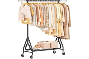Heavy Duty Clothing Rack, Metal Clothes Rack Load 450 LBS, Rolling Coat Racks for Hanging Clothes with Lockable Wheels, Wardr