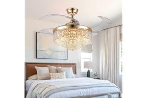 NBNSTHV 42'' Fandelier Ceiling Fans with Lights and Remote,Gold Semi Flush Mount Fan Light,Low Profile Ceiling Fans,Retractable Crystal Chandelier Fan（Gold）
