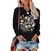 FAOUEOW Women's Vintage Floral T Shirt Boho Wildflower Graphic Loose Tees Fall Long Sleeve Blouse Shirts Casual Tunic Tops