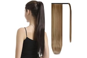 BARSDAR Straight Ponytail Extension - 26 Inch Long Straight Wrap Around Ponytail for Women Clip in Ponytail Hair Extensions Synthetic Highlight Hair Pony Tails Hairpieces Daily - Brown & Blonde