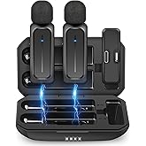 Ecomxia 2 Pcs Wireless Lavalier Microphone for iPhone iPad Android with Charging Case 7H Clip on Lapel Microphone Wireless for Video Recording Vlogging, YouTube, Interview, 3 Mode Denoise, 70ft