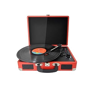 PRIXTON - Tocadiscos de Vinilo Vintage, Reproductor de Vinilo y Reproductor de Musica Mediante Bluetooth y USB, 2 Altavoces Incorporados, Diseño de Maleta, Color Rojo | VC400