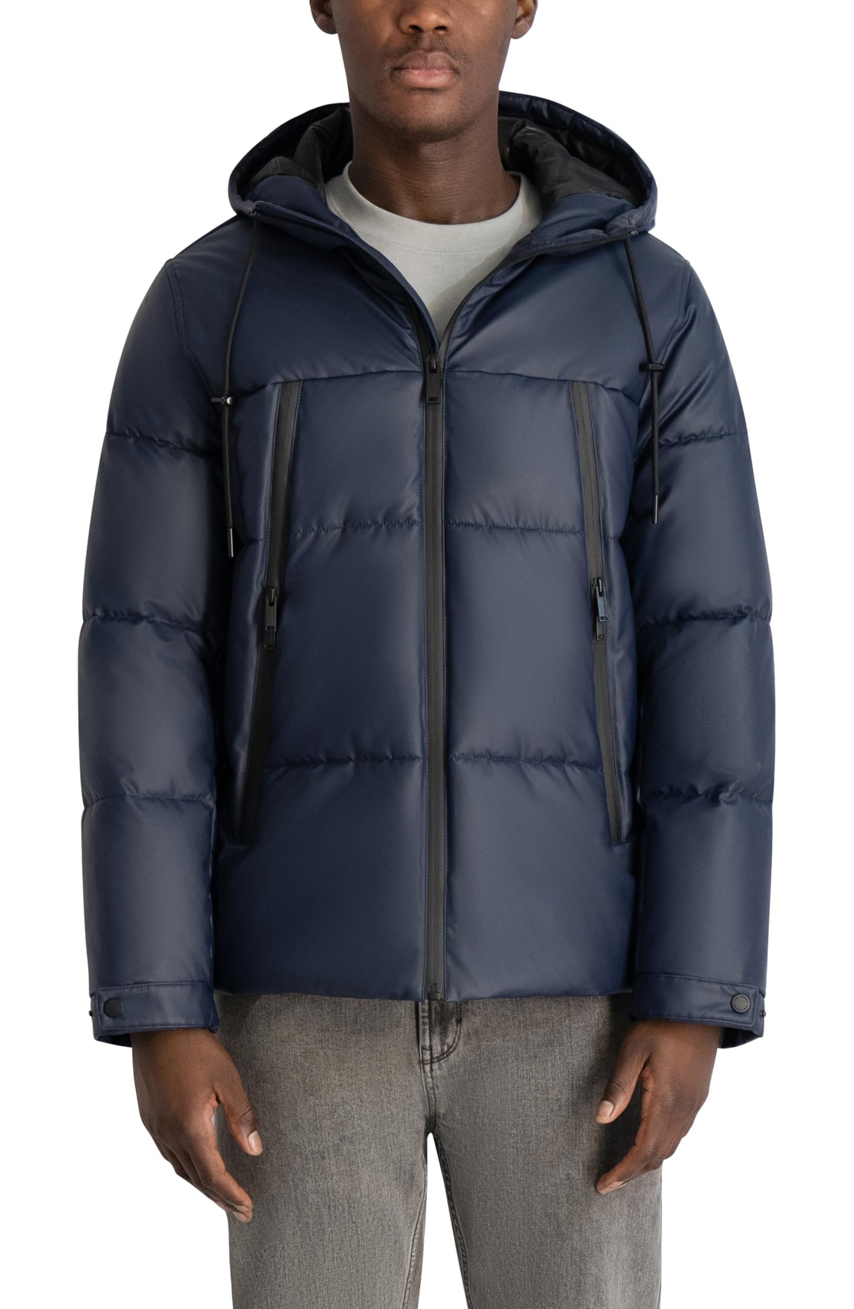 KARL LAGERFELD Paris Men’s Hooded Puffer Jacket with Zip Pockets, Navy, X-Large