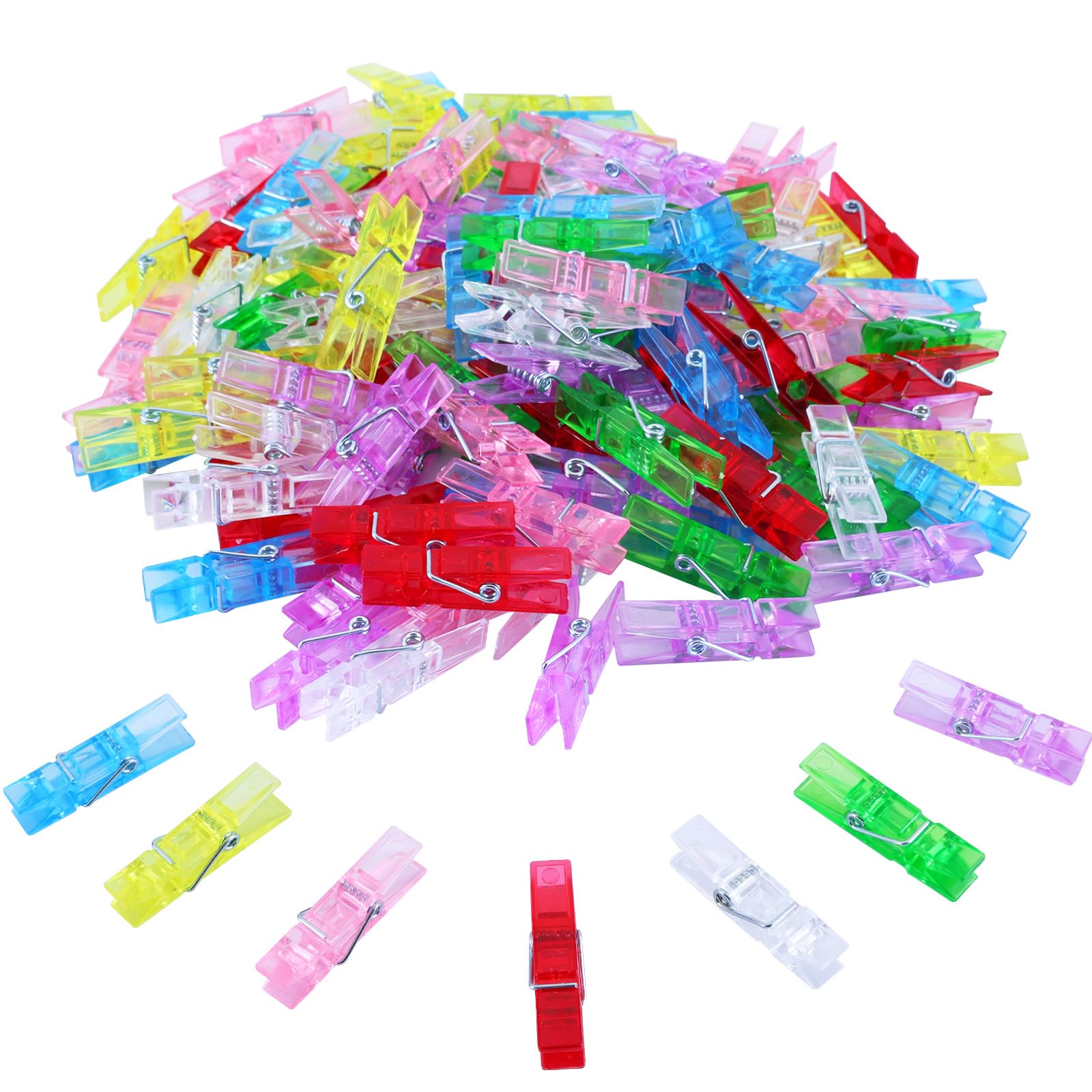 Photo 1 of 140 Pcs Mini Clothes Pins Colored, Small Clear Clips for Hanging Picture, 1.37 Inch Plastic Photo Clips, 7 Colors