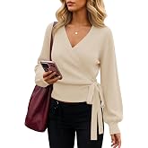 ZESICA Womens V Neck Wrap Belted Cropped Sweaters 2026 Fall Business Outfit | Tie Wasit, Long Sleeve, Hidden Snap Button, Slim Fit, Dressy Casual Pullover Tops, Winter Holiday Clothes