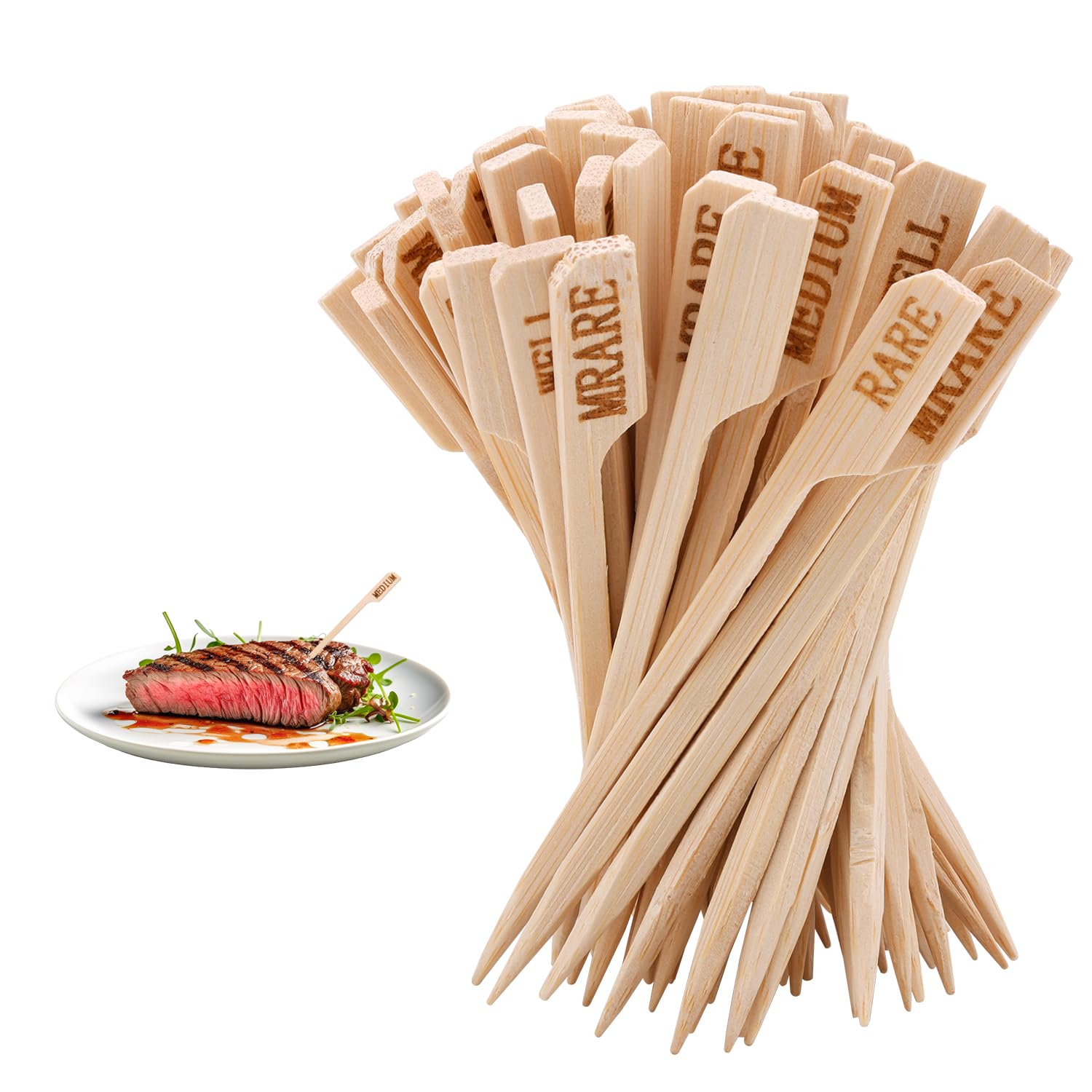 500pcs Steak Temperature Sticks, Wooden Skewers Steak Markers Flat Skewers Cocktail Toothpicks Steak Accessories for Barbecue Fruit Grilling Roasting Party Cocktail