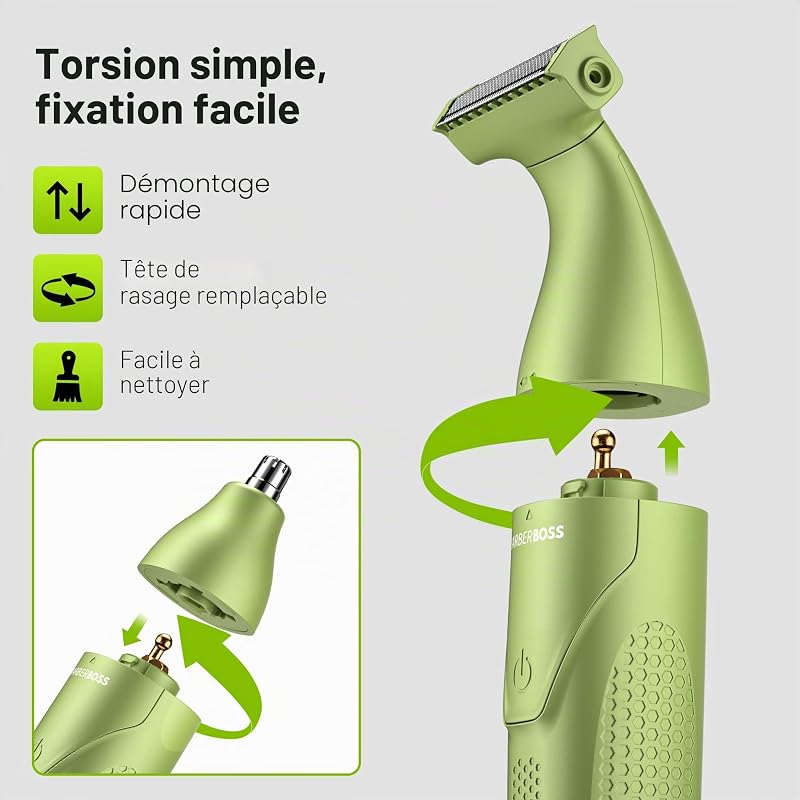 Tondeuse de précision 3-en-1 pour homme, kit de soins pour barbe et cheveux, tondeuse corps, tondeuse nez et oreilles, rasoir sans fil rechargeable avec chargement USB (Vert)