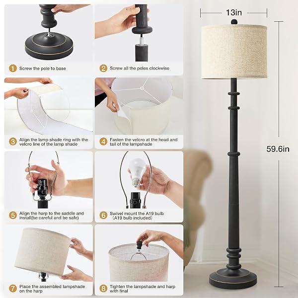 FLOOR LAMPS FOR LIVING ROOM – 60″ RESIN FARMHOUSE FLOOR LAMP WITH ADJUSTABLE COLOR TEMPERATURES – VINTAGE STANDING LAMP READING LIGHT WITH LINEN SHADE RETRO TALL LAMP FOR BEDROOM OFFICE, BLACK