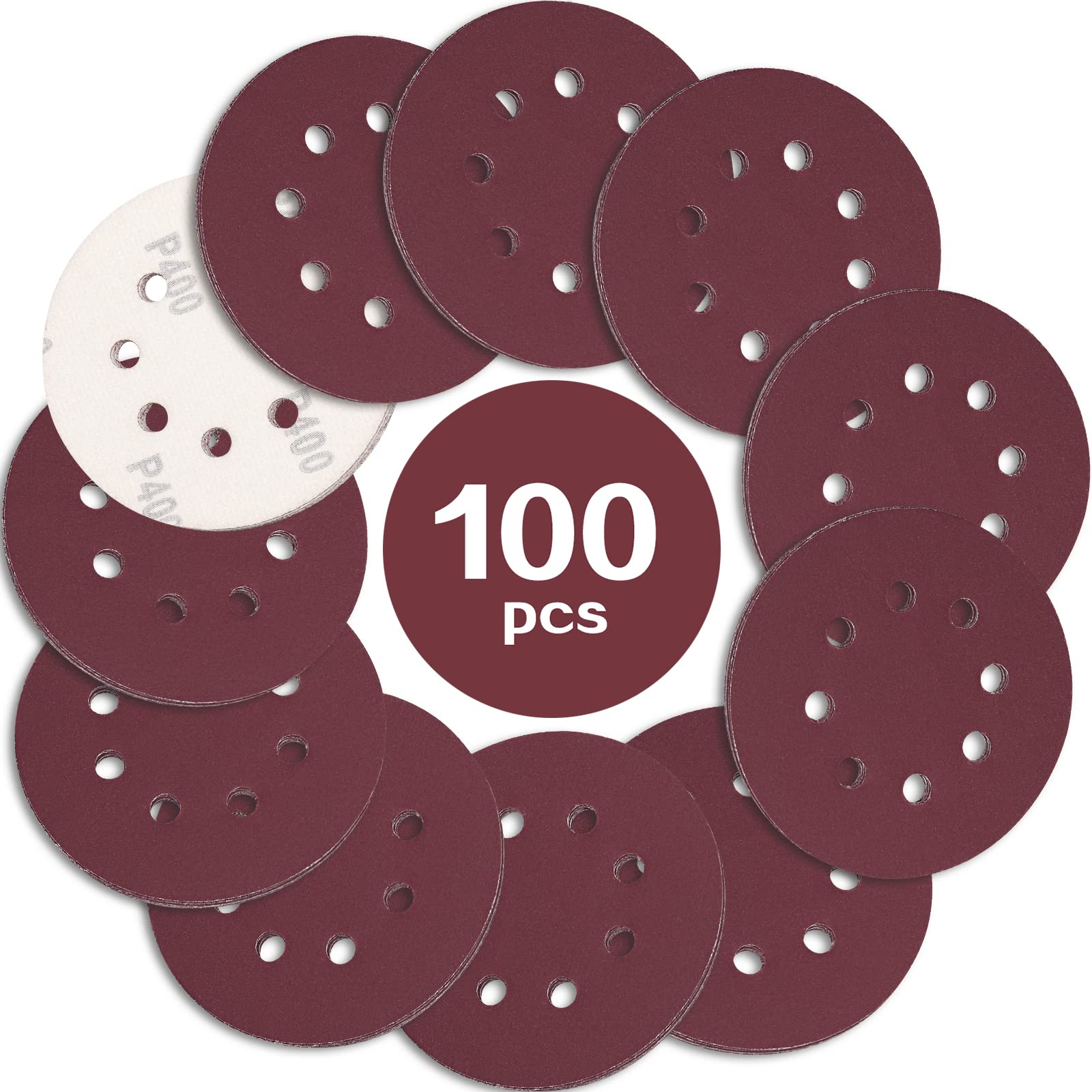 STEBRUAM 100PCS 125mm Sanding Discs 400 Grit, 5 Inch 8 Hole Hook and Loop Sanding Pads for Random Orbital Sander — image 1