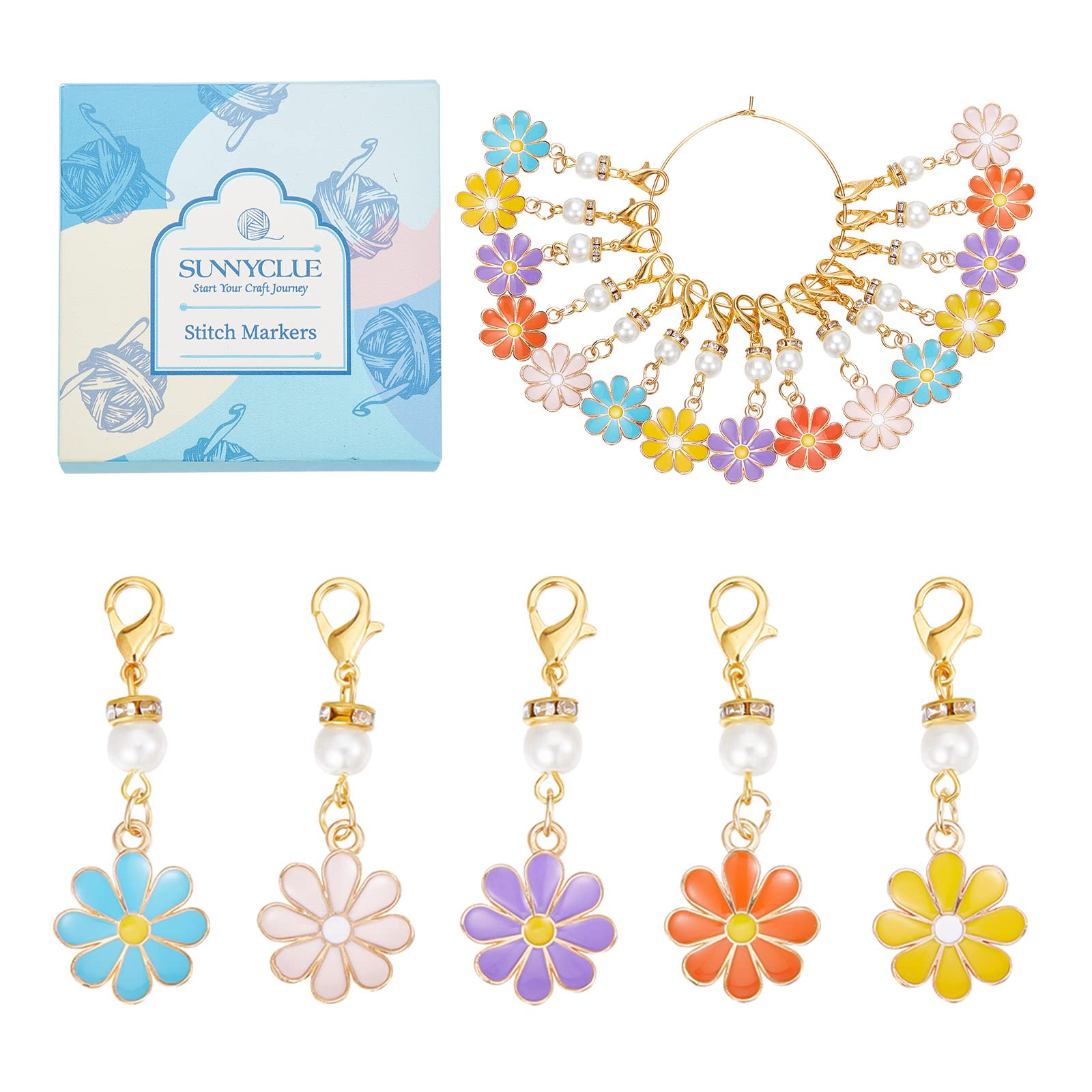 SUNNYCLUE 1 Box 30Pcs Stitch Markers Crochet Stitch Marker Daisy Flower Charms Pearl Beads Zipper Pull Clip On Removable Lobster Claw Clasp Charm Locking Knitting Markers for Weaving Sewing Quilting