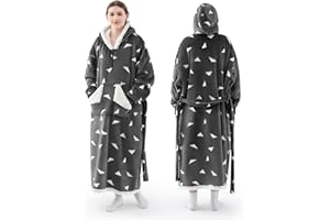 Touchat Wearable Blanket Hoodie as Gifts for Women and Men,Warm and Cozy Large Blanket Sweatshirt,Thick&Long Sherpa Fleece Hooded Blanket with Oversize Pocket and Belt, Winter Gifts,Print Grey