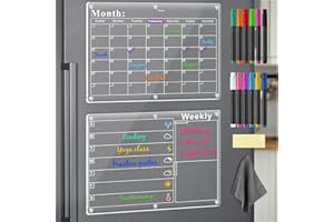 SMARPAU Magnetic Acrylic Calendar for Fridge 15.8"X11.8" Acrylic Magnetic Dry Erase Board Clear Monthly & Weekly Planning Board for Refrigerator Set Includes 12 Colorful Markers Pen Holder and Erase Towel