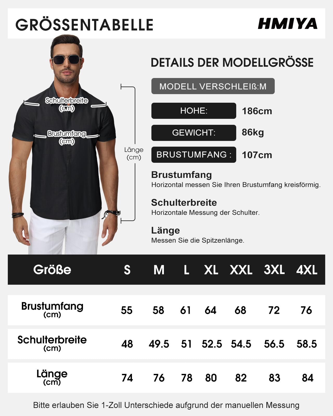 HMIYA Herren Hemd 100% Baumwolle Hemd Sommer Freizeithemd Businesshemd Regular Fit Kurzarmhemd,Schwarz,XL 6