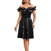 Cololura Women Sequin Off Shoulder Cocktail Mini Dress - Ruffle Trim A-Line Short Formal Party Evening Prom Gown