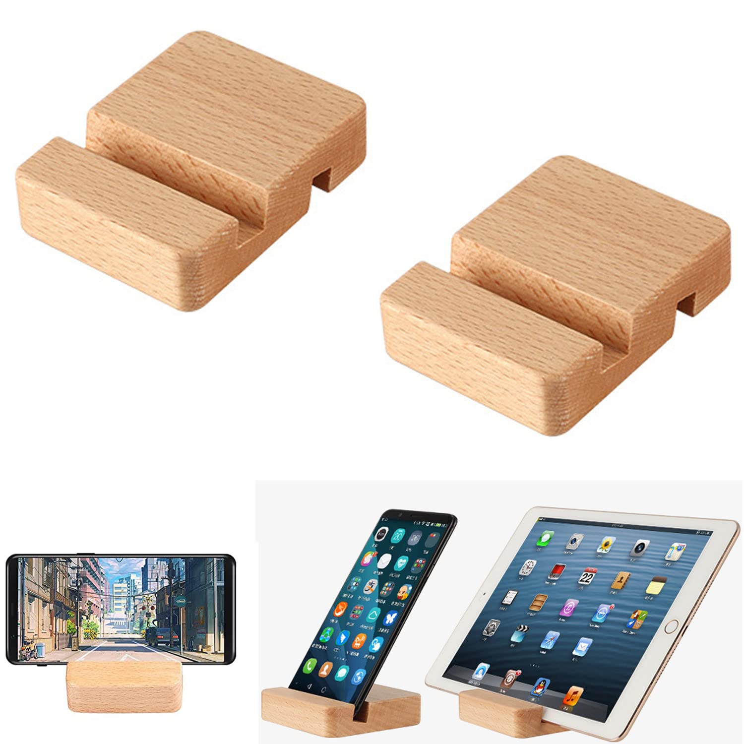 VILIA 2 Pieces Double Groove Design Natural Wood Cell Phone Stand Portable Mobile Holder,Desktop Holder for All Kinds of Phone iPad Mini