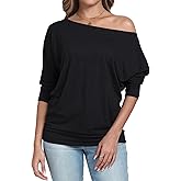 Poetsky Womens 3/4 Sleeve Shirts Sexy Off Shoulder Ruched Tops Loose Fitting Blouses