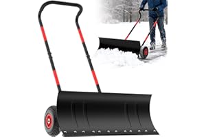 VASALAID Snow Shovel with Wheels,Heavy Duty Steel Snow Shovel Pusher for Driveways,Sidewalks,3 Level Adjustable Handle and Angle Blade Push Plow