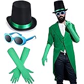 Cuffbow 3 Pcs Halloween Costume Accessories Black Felt Costume Hat with Green Band Green Satin Long Gloves Blue Vintage Oval Goggles for Men Women Cosplay Party Dress Up