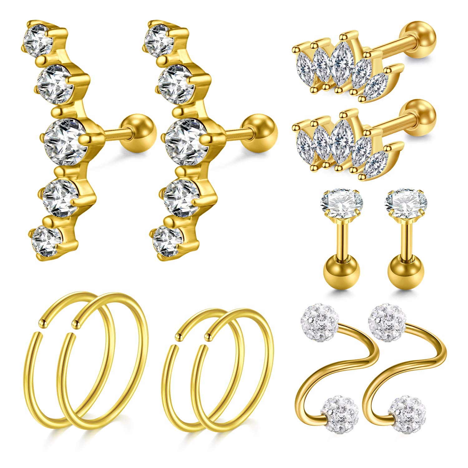 VF VFUN 6 PairesTragus Earrings Diamond CZ Stainless Steel Women Girls Fake Nose Ring Daith Helix Cartilage Stud Piercing Body Piercing Jewelry - Gold