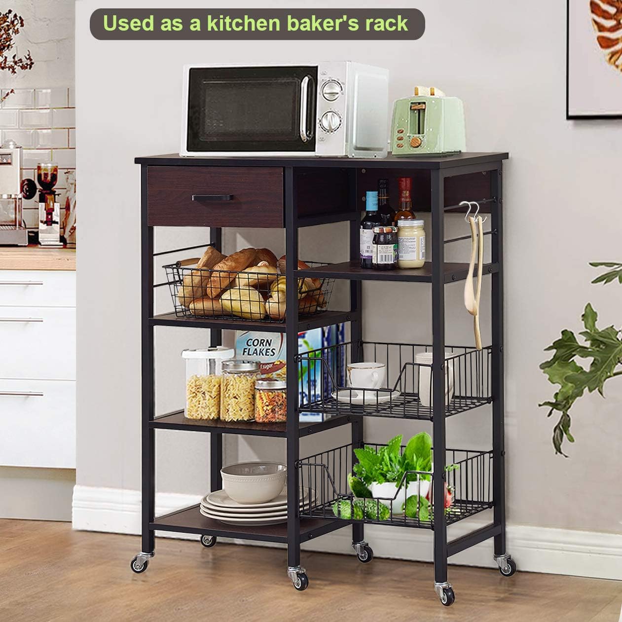 VECELO Kitchen Baker's Rack 36.6" Storage Shelf Organizer, Microwave Oven Stand, Utility Cart on Wheels, Black Walnut: Home & Kitchen