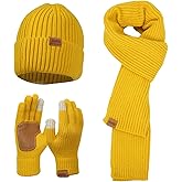 Winter Knit Beanie Hat Scarf Gloves Cold Weather Set, Warm Knit Beanie Long Scarf Touchscreen Gloves,Winter Gifts for Women