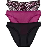 OnGossamer Women's Intimate Apparel Mesh Low-Rise Bikini Panty, Black/Purple/Floral Print, Large